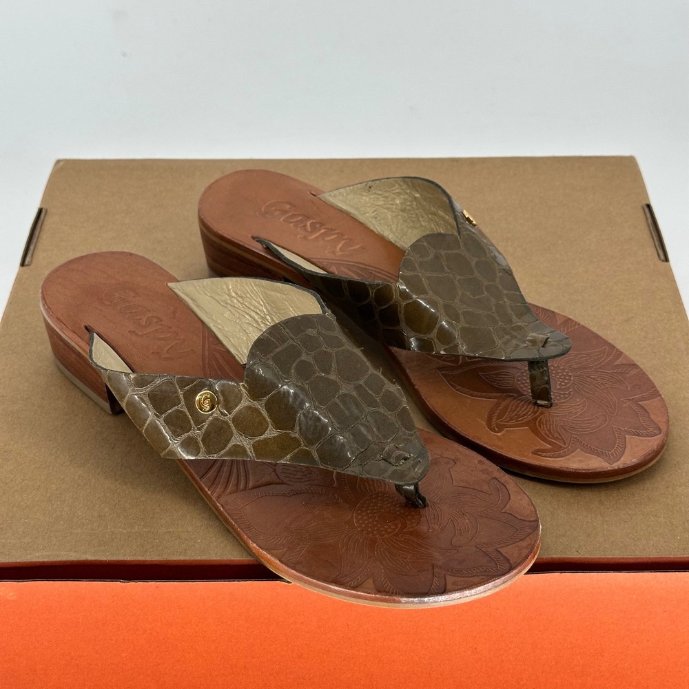 Gaspy Leather Boho Floral Croc Texture Thong Sandals Flip Flop Heel Women's 40‎